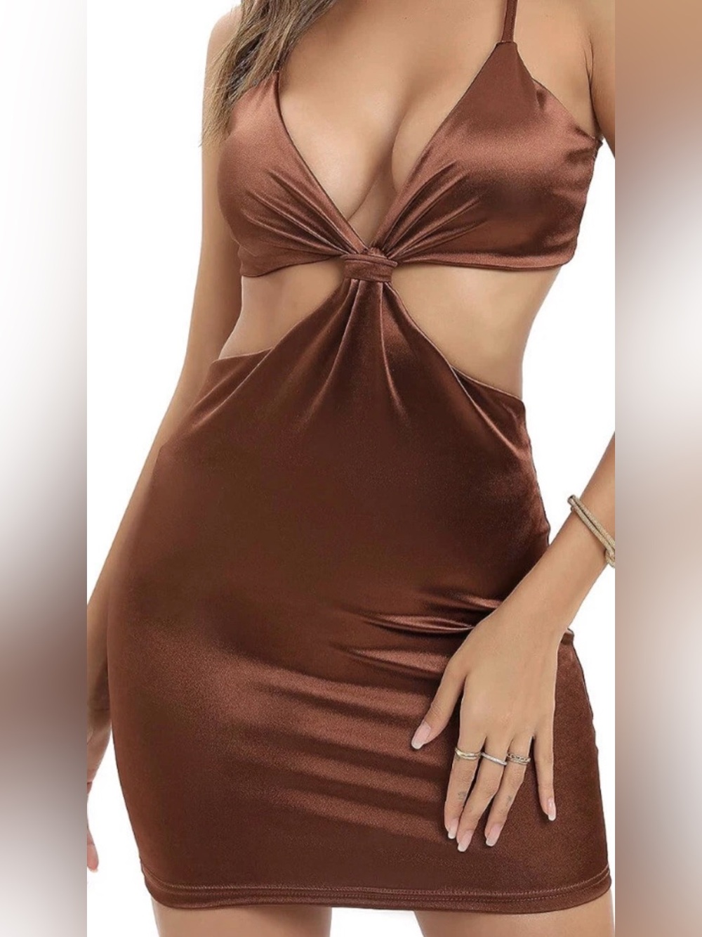Brown Satin Cutout Bodycon Dress